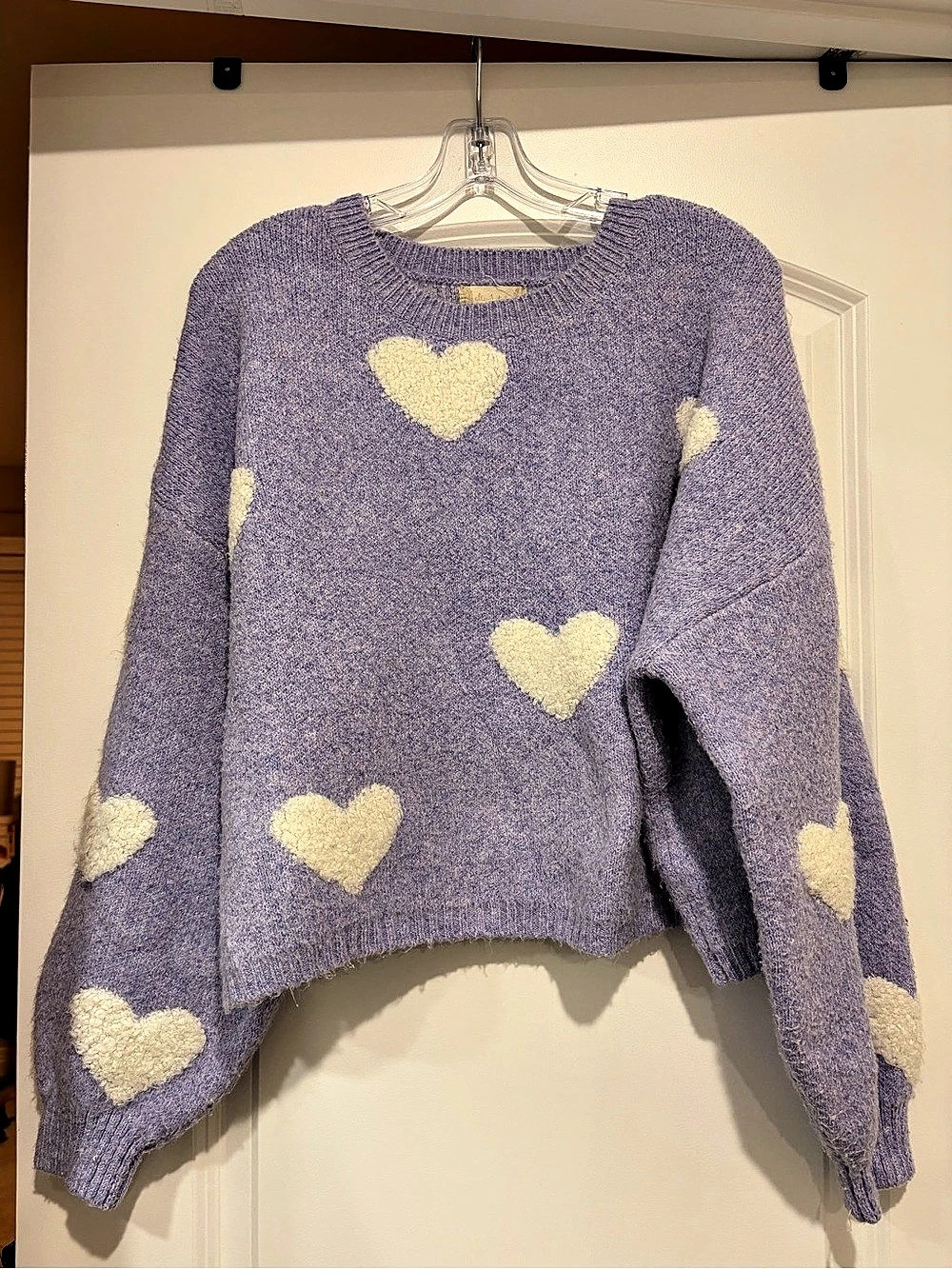 Altar’d State Heart Print Crewneck Sweater in Purple & Cream Like New